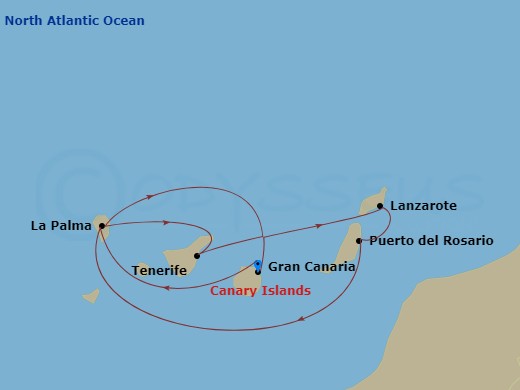 MSC Musica - 7 Night - Canary Islands and Madeira - MSC Musica - Starting in Las Palmas de Gran Canaria (Canary Islands), Spain, Santa Cruz de La Palma, Santa Cruz de Tene.. itinerary map