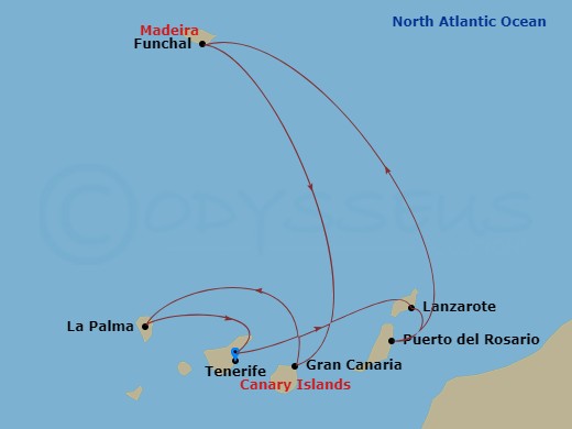 MSC Musica - 7 Night - Canary Islands and Madeira - MSC Musica - Starting in Santa Cruz de Tenerife, Arrecife De Lanzarote (Canary Islands), Spain, Puerto Del Rosario / Fu.. itinerary map