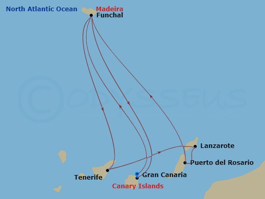 MSC Musica - 7 Night - Canary Islands and Madeira - MSC Musica - Starting in Las Palmas de Gran Canaria (Canary Islands), Spain, Funchal (Madeira Islands), Portugal, Santa.. itinerary map