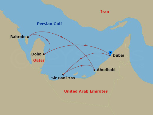 MSC Euribia - 7 Night - Dubai, Abu Dhabi & Qatar - MSC Euribia - Starting in Dubai, United Arab Emirates, Doha, Qatar, Bahrain, Abu Dhabi, United Arab Emirates, Sir Baniyas.. itinerary map