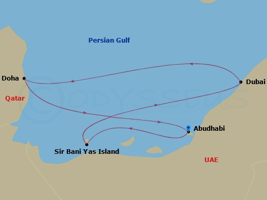 MSC Euribia - 7 Night - Dubai, Abu Dhabi & Qatar - MSC Euribia - Starting in Abu Dhabi, United Arab Emirates, Sir Baniyas Island, UAE, Dubai, United Arab Emirates, Doha, Qa.. itinerary map