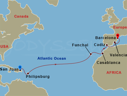 Viking Sea - 14 Night - West Indies to Iberia - Viking Sea - Starting in San Juan, Philipsburg, Sail the Atlantic Ocean, Madeira (Funchal), Sail the Atlantic Ocean, Casabl.. itinerary map