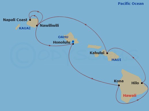 NCL Pride of America Cruise Tours - 10 Night - O'ahu Explorer Hyatt Waikiki Standard View Cruisetour - NCL Pride of America Cruise Tours - Starting in At Hotel, Honolulu, Hi, Kona, Hi, Hilo, Hi,.. itinerary map