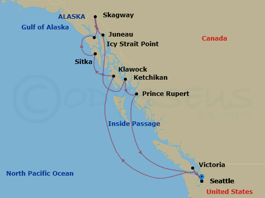 12 Night - Soaring Fjords & Raw Wilderness - Seven Seas Explorer - Starting in Seattle, Cruising the Outside Passage, Klawock, Sitka, Icy Strait Point, Skagway, Juneau, Cruising Holkham Bay Glacier Fjords, Ketchikan, Prince Rupert, Cruising the Outside Passage, Victoria CA, Seattle itinerary map