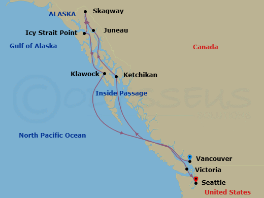 9 Night - Behold the Pacific Northwest - Seven Seas Explorer - Starting in Vancouver, Cruising the Inside Passage, Ketchikan, Juneau, Skagway, Icy Strait Point, Klawock, Cruising the Inside Passage, Victoria CA, Seattle itinerary map