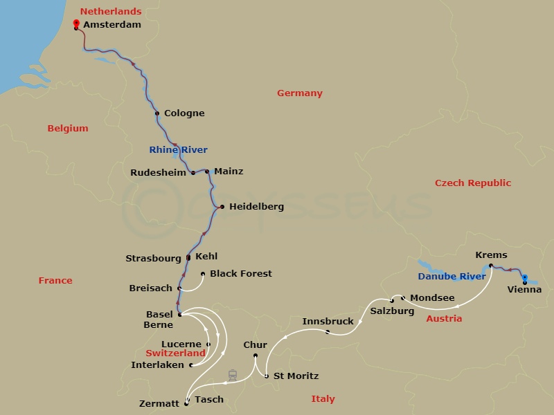 Avalon Panorama Cruise Tours - 17 Night - The Best of Austria & Switzerland with Romantic Rhine - Avalon Panorama Cruise Tours - Starting in Vienna, Austria, Vienna, Vienna / Mondsee / Salz.. itinerary map