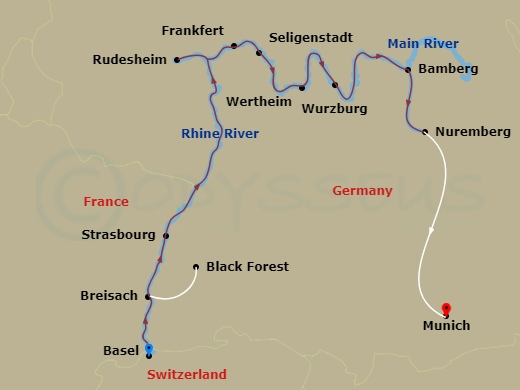 Avalon Tranquility II Cruise Tours - 10 Night - German Grandeur with in Munich (Eastbound) - Avalon Tranquility II Cruise Tours - Starting in Basel, Switzerland (Embarkation), Breisach, Germany E.. itinerary map
