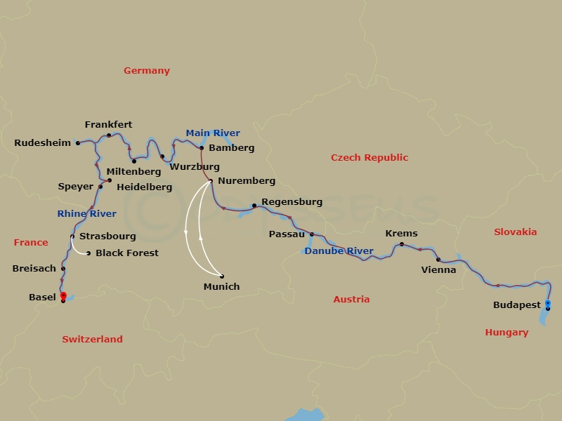 Avalon Illumination - 16 Night - Christmastime from Budapest to Basel - Avalon Illumination - Starting in Budapest, Hungary (Embarkation), Vienna, Austria, Vienna, Krems, Passau, G.. itinerary map