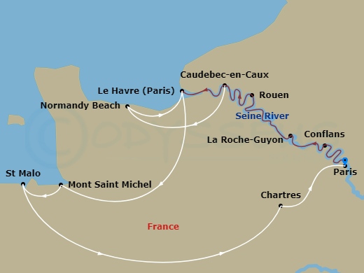 Avalon Tapestry II Cruise Tours - 10 Night - Active & Discovery On the Seine W / St Malo - Nb - Avalon Tapestry II Cruise Tours - Starting in Paris, France (Embarkation), Paris, Conflans, La R.. itinerary map