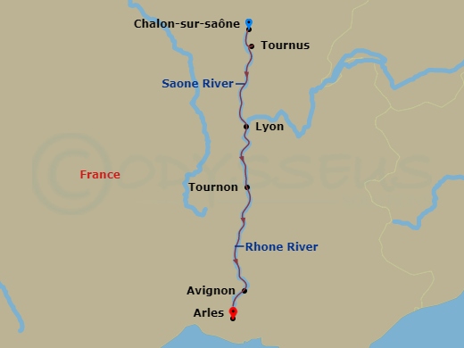 Avalon Poetry II - 7 Night - Burgundy & Provence (Southbound) - Avalon Poetry II - Starting in Chalon-sur-saone, France (Embarkation), Tournus, Lyon, Tournon, Avignon, Arles, Ar.. itinerary map