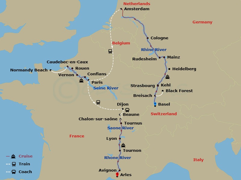 Avalon View Cruise Tours - 23 Night - European Masterpiece : the Rhine, Seine & Rhone Revealed with in French Riviera - Avalon View Cruise Tours - Starting in Basel, Switzerland (Embark.. itinerary map