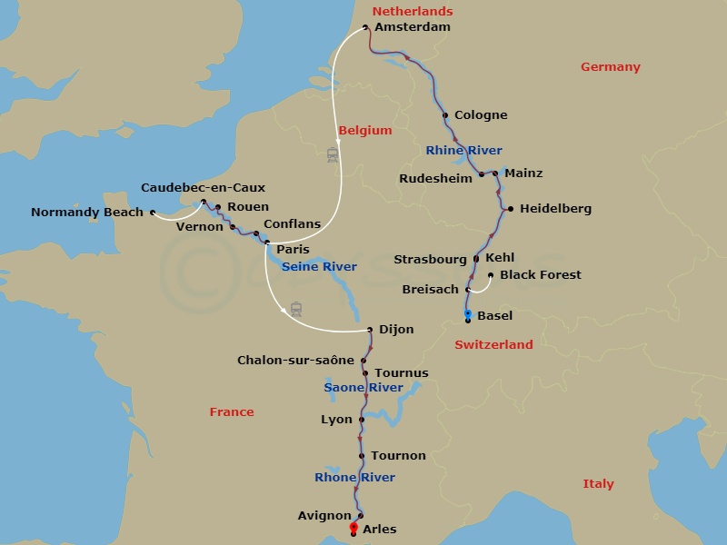 Avalon View - 21 Night - European Masterpiece : the Rhine, Seine and Rhone Revealed - Avalon View - Starting in Basel, Switzerland (Embarkation), Breisach, Germany Excursio.. itinerary map