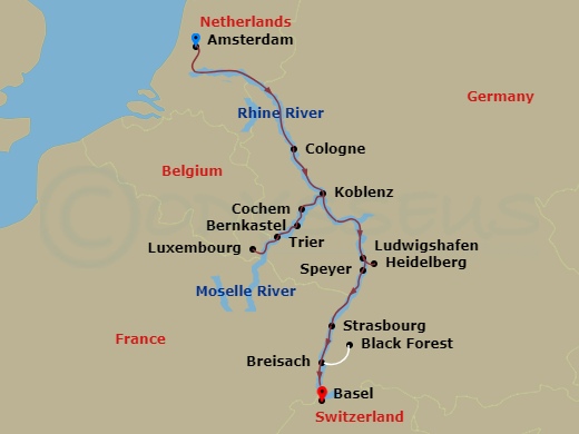 10 Night - The Rhine & Moselle (Southbound) - Avalon Imagery II - Starting in Amsterdam, the Netherlands (Embarkation), Amsterdam, Cologne, Germany, Cochem, Trier Excursion to Luxembourg, Bernkastel, Koblenz / Rhine Gorge, Ludwigshafen Excursion to Heidelberg, Strasbourg, France, Breisach, Germany Excursion to Black Forest, Basel, Switzerland (Disembarkation) itinerary map