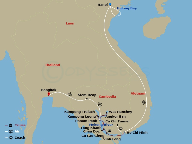 Avalon Saigon Cruise Tours - 18 Night - Fascinating Vietnam, Cambodia & the Mekong River with Hanoi, Ha Long Bay & Bangkok (Northbound) - Avalon Saigon Cruise Tours - Starting in Hanoi, V.. itinerary map