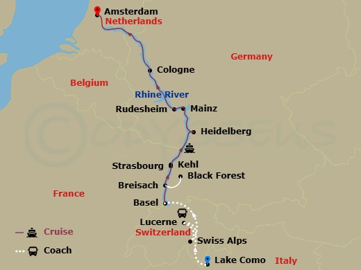 Avalon Vista Cruise Tours - 11 Night - Romantic Rhine with Swiss Alps, in Lake Como & in Lucerne (Northbound) - Avalon Vista Cruise Tours - Starting in Lake Como, Italy, Lake Como, Lake.. itinerary map