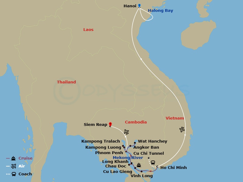 Avalon Saigon Cruise Tours - 15 Night - Fascinating Vietnam, Cambodia & the Mekong River with Hanoi & Ha Long Bay (Northbound) - Avalon Saigon Cruise Tours - Starting in Hanoi, Vietnam, H.. itinerary map