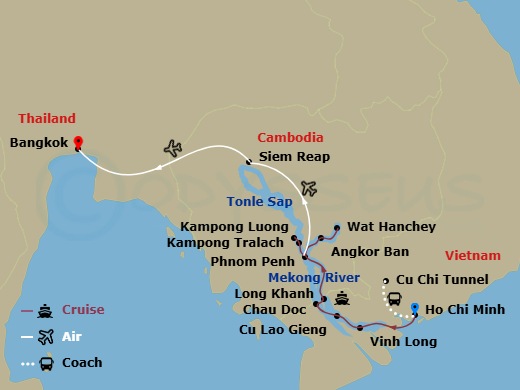 Avalon Saigon Cruise Tours - 15 Night - Fascinating Vietnam, Cambodia & the Mekong River with Bangkok (Northbound) - Avalon Saigon Cruise Tours - Starting in Ho Chi Minh City, Vietnam, Ho.. itinerary map