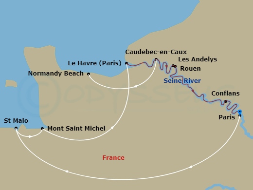 Avalon Tapestry II Cruise Tours - 10 Night - Active & Discovery On the Seine with in Saint-Malo and Excursion to Mont St. Michel (Southbound) - Avalon Tapestry II Cruise Tours itinerary map
