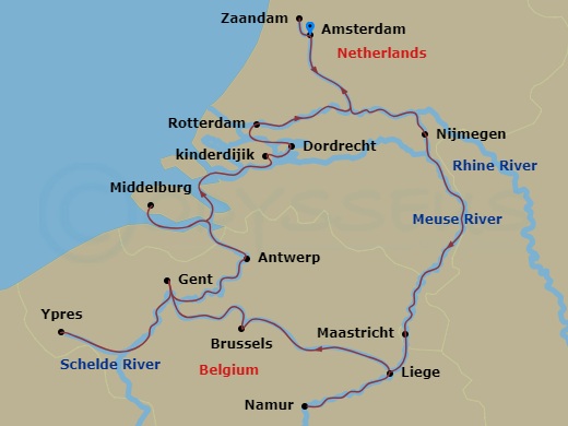 Avalon Imagery II Cruise Tours - 15 Night - Grand Holland & Belgium Cruise with in Amsterdam - Avalon Imagery II Cruise Tours - Starting in Amsterdam, Holland, Amsterdam (Embarkation), Nijmeg.. itinerary map