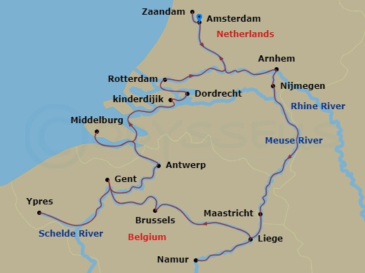 Avalon Imagery II - 14 Night - Grand Holland & Belgium Cruise - Avalon Imagery II - Starting in Amsterdam, Holland (Embarkation), Nijmegen Excursion to Arnhem, Maastricht, Namur,.. itinerary map