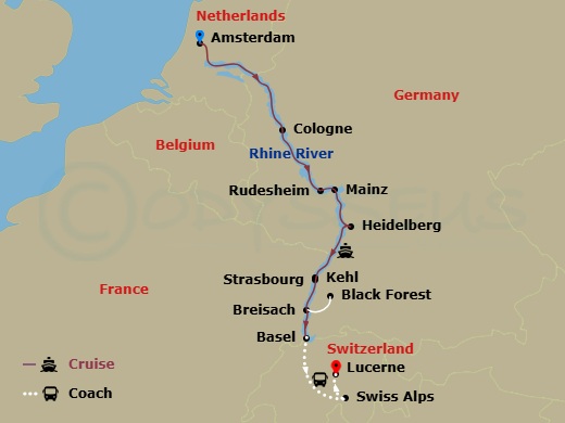 Avalon Vista Cruise Tours - 9 Night - Romantic Rhine with in Lucerne (Southbound) - Avalon Vista Cruise Tours - Starting in Amsterdam, Holland (Embarkation), Amsterdam, Cologne, Germany,.. itinerary map