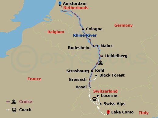 Avalon Vista Cruise Tours - 11 Night - Romantic Rhine with Swiss Alps, in Lucerne & in Lake Como (Southbound) - Avalon Vista Cruise Tours - Starting in Amsterdam, Holland (Embarkation),.. itinerary map