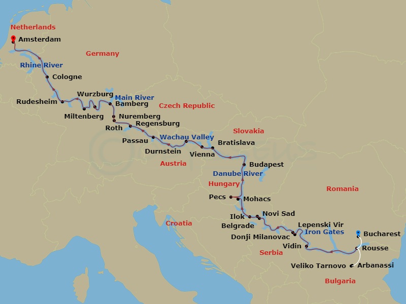 Avalon Illumination Cruise Tours - 23 Night - From Romania to the North Sea with in Bucharest - Avalon Illumination Cruise Tours - Starting in Bucharest, Romania, Bucharest, Rousse, Bulgaria Ve.. itinerary map