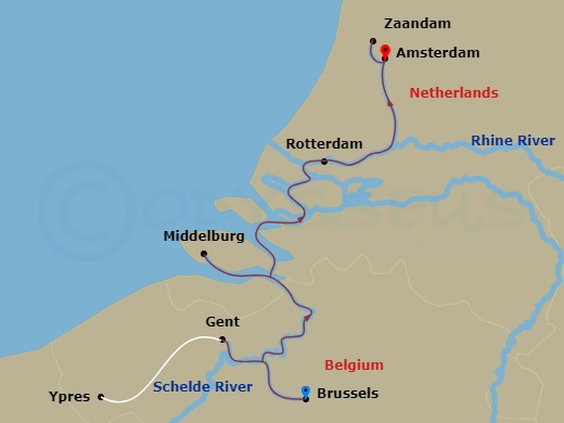 Avalon Imagery II - 7 Night - Treasures of Belgium & Holland - Avalon Imagery II - Starting in Brussels, Belgium (Embarkation), Ghent, Ghent Excursion to Flanders Field Museum, M.. itinerary map
