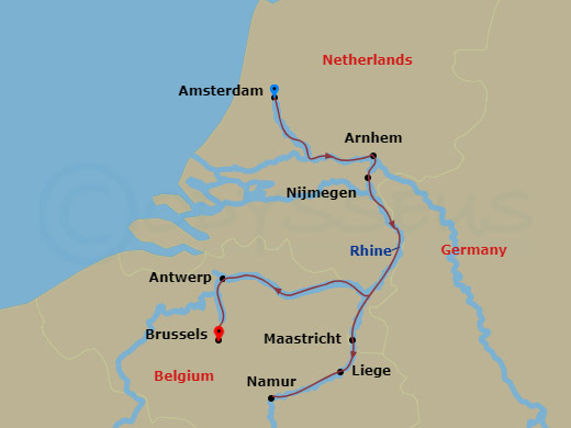 Avalon Imagery II Cruise Tours - 8 Night - Highlights of Holland & Belgium with in Amsterdam - Avalon Imagery II Cruise Tours - Starting in Amsterdam, Holland, Amsterdam (Embarkation), Nijmeg.. itinerary map