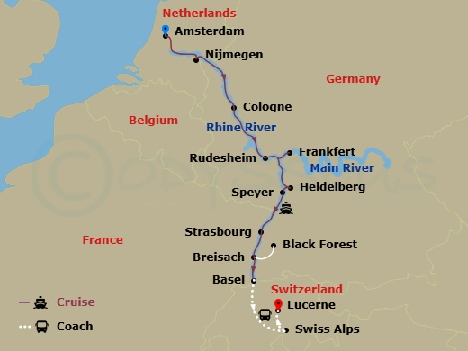Avalon Imagery II Cruise Tours - 11 Night - Reflections On the Rhine with in Lucerne (Southbound) - Avalon Imagery II Cruise Tours - Starting in Amsterdam, Holland (Embarkation), Amsterdam, N.. itinerary map