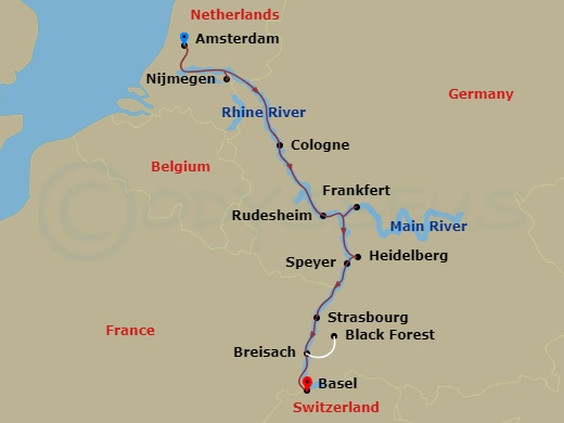 Avalon Imagery II - 9 Night - Reflections On the Rhine (Southbound) - Avalon Imagery II - Starting in Amsterdam, Holland (Embarkation), Amsterdam, Nijmegen, Cologne, Germany, Rhi.. itinerary map