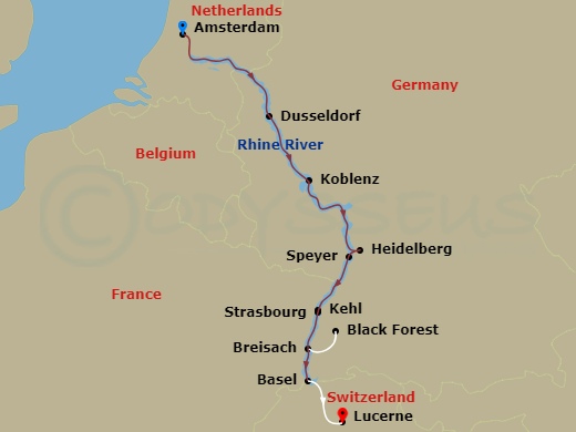 Avalon Vista Cruise Tours - 9 Night - Active & Discovery On the Rhine with in Lucerne (Southbound) - Avalon Vista Cruise Tours - Starting in Amsterdam, Holland (Embarkation), Amsterdam,.. itinerary map