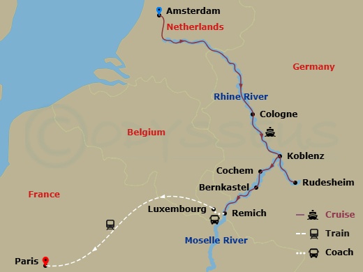 Avalon Imagery II Cruise Tours - 9 Night - The Rhine & Moselle : Canals, Vineyards & Castles with in Paris - Avalon Imagery II Cruise Tours - Starting in Amsterdam, Holland (Embarkation), Ams.. itinerary map