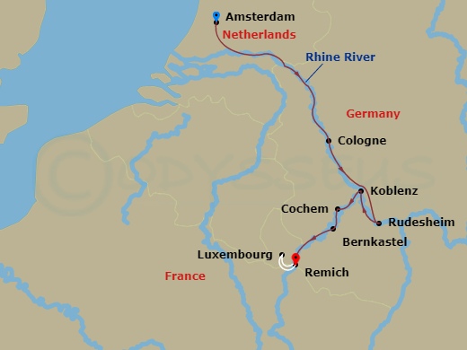 Avalon Imagery II - 7 Night - The Rhine & Moselle : Canals, Vineyards & Castles - Avalon Imagery II - Starting in Amsterdam, Holland (Embarkation), Amsterdam, Cologne, Germany, R.. itinerary map