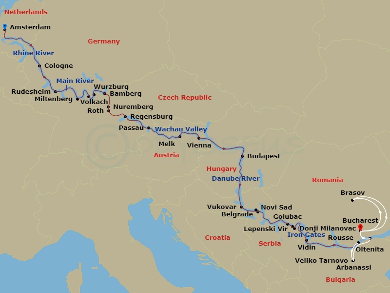24 Night - Iconic Rivers of Europe - the Rhine, Main & Danube with in Bucharest and in Transylvania - Avalon Expression Tours - Starting in Amsterdam, the Netherlands (Embarkation), Amsterdam, Cologne, Germany, Rhine Gorge / Rudesheim, Miltenberg, Wurzburg, Volkach, Bamberg, Nuremberg, Regensburg, Passau, Melk / Wachau Valley, Vienna, Budapest, Hungary, Budapest, Vukovar, Novi Sad, Serbia, Belgrade, Golubac / Donji Milanovac Excursion to Lepenski Vir / Iron Gates Gorge, Vidin, Bulgaria, Rousse / Veliko Tarnovo and Arbanassi Excursion, Oltenita, Romania (Disembarkation) Bucharest, Brasov, Brasov / Sinaia / Bucharest, Bucharest itinerary map