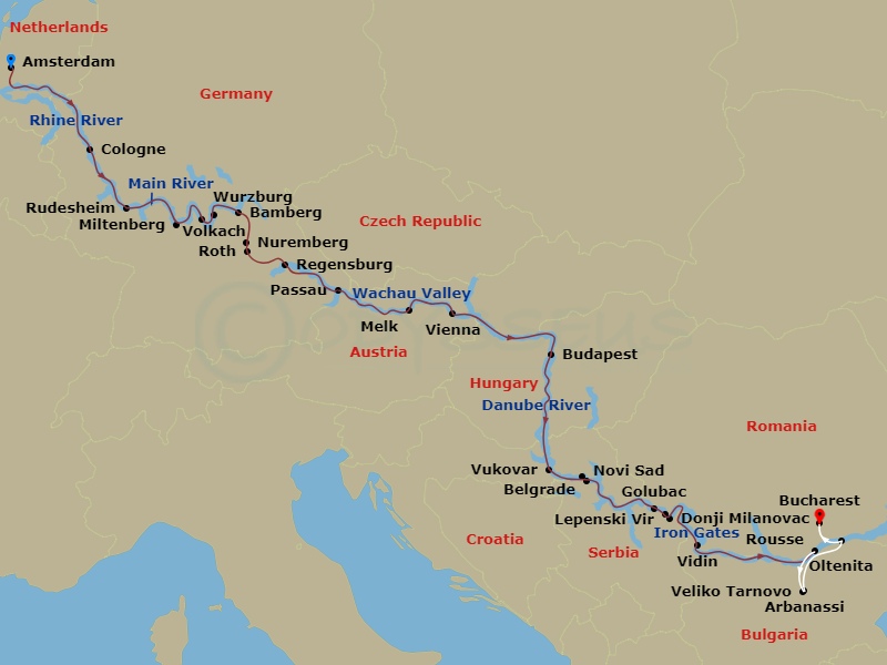 22 Night - Iconic Rivers of Europe - the Rhine, Main & Danube with in Bucharest - Avalon Expression Tours - Starting in Amsterdam, the Netherlands (Embarkation), Amsterdam, Cologne, Germany, Rhine Gorge / Rudesheim, Miltenberg, Wurzburg, Volkach, Bamberg, Nuremberg, Regensburg, Passau, Melk / Wachau Valley, Vienna, Budapest, Hungary, Budapest, Vukovar, Novi Sad, Serbia, Belgrade, Golubac / Donji Milanovac Excursion to Lepenski Vir / Iron Gates Gorge, Vidin, Bulgaria, Rousse / Veliko Tarnovo and Arbanassi Excursion, Oltenita, Romania (Disembarkation) Bucharest, Bucharest itinerary map