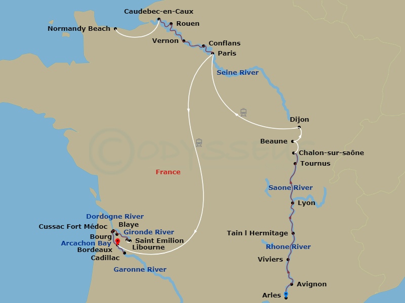Avalon Poetry II - 21 Night - France, Uncorked : the Rhone, the Seine & Bordeaux - Avalon Poetry II - Starting in Arles, France (Embarkation), Arles, Avignon, Viviers, Tain-LHer.. itinerary map