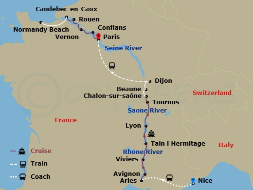 Avalon Poetry II Cruise Tours - 16 Night - Grand France with in French Riviera (Northbound) - Avalon Poetry II Cruise Tours - Starting in French Riviera, French Riviera / Arles (Embarkation).. itinerary map