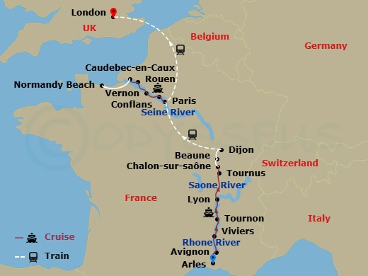 Avalon Poetry II Cruise Tours - 17 Night - Grand France with in London (Northbound) - Avalon Poetry II Cruise Tours - Starting in Arles, France (Embarkation), Arles, Avignon, Viviers, Tain-L.. itinerary map