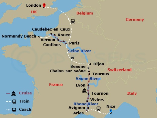 Avalon Poetry II Cruise Tours - 19 Night - Grand France with in French Riviera & in London (Northbound) - Avalon Poetry II Cruise Tours - Starting in French Riviera, French Riviera / Arles (.. itinerary map