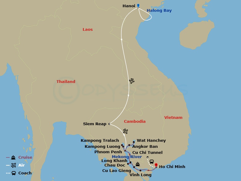 Avalon Saigon Cruise Tours - 15 Night - Fascinating Vietnam, Cambodia & the Mekong River with Hanoi & Ha Long Bay (Southbound) - Avalon Saigon Cruise Tours - Starting in Hanoi, Vietnam, H.. itinerary map