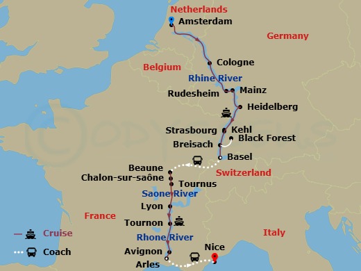 Avalon View Cruise Tours - 16 Night - Rhine & Rhone Revealed with in French Riviera (Southbound) - Avalon View Cruise Tours - Starting in Amsterdam, Holland (Embarkation), Amsterdam, Co.. itinerary map