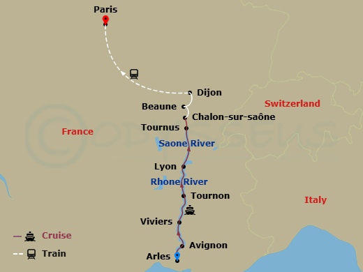 Avalon Poetry II Cruise Tours - 9 Night - Burgundy & Provence with in Paris (Northbound) - Avalon Poetry II Cruise Tours - Starting in Arles, Avignon, Viviers, Tain-LHermitage, Lyon, Tournus.. itinerary map