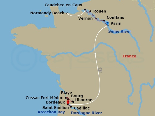 Avalon Tapestry II - 14 Night - French Masterpiece : Paris, Normandy & Bordeaux - Avalon Tapestry II - Starting in Paris, France (Embarkation), Vernon, Caudebec, Caudebec Excursio.. itinerary map