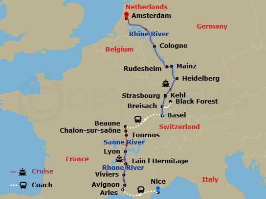 Avalon Poetry II Cruise Tours - 16 Night - Rhine & Rhone Revealed with in French Riviera (Northbound) - Avalon Poetry II Cruise Tours - Starting in French Riviera, France, French Riviera, Fr.. itinerary map