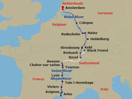 Avalon Poetry II - 14 Night - Rhine & Rhone Revealed (Northbound) - Avalon Poetry II - Starting in Arles, France (Embarkation), Arles, Avignon, Viviers, Tain-LHermitage, Lyon, T.. itinerary map