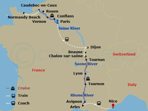 Avalon Tapestry II Cruise Tours - 16 Night - Grand France with in French Riviera (Southbound) - Avalon Tapestry II Cruise Tours - Starting in Paris, France (Embarkation), Vernon, Caudebec, Cau.. itinerary map