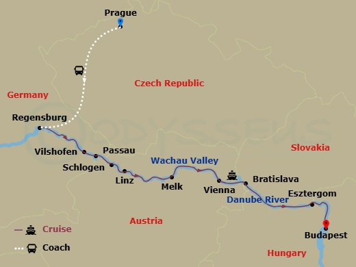 Avalon Tranquility II Cruise Tours - 11 Night - Illuminations On the Danube with in Prague (Eastbound) - Avalon Tranquility II Cruise Tours - Starting in Prague, Czech Republic, Prague, Regensbur.. itinerary map