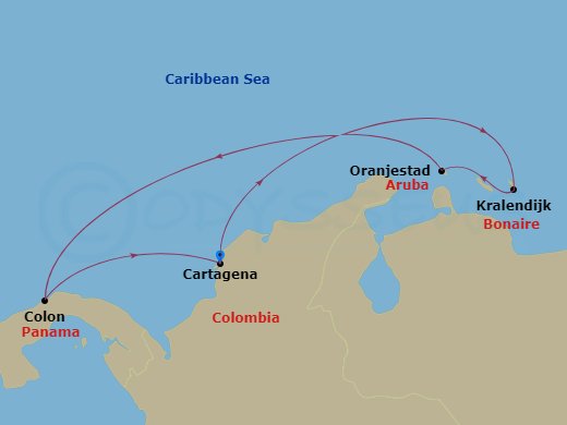 RCL Serenade of the Seas - 7 Night - Southern Caribbean Cruise - RCL Serenade of the Seas - Starting in Cartagena CO, Kralendijk, Bonaire, Oranjestad, Aruba, Colon, Panama, Cartagena CO itinerary map