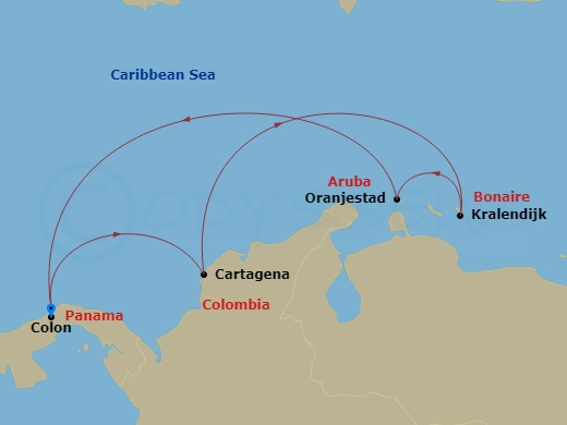 RCL Serenade of the Seas - 7 Night - Southern Caribbean Cruise - RCL Serenade of the Seas - Starting in Colon, Panama, Cartagena CO, Kralendijk, Bonaire, Oranjestad, Aruba, Colon, Panama itinerary map